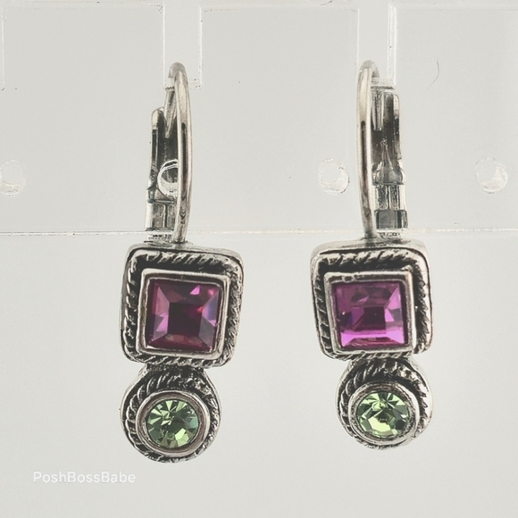 Vintage Silver-Toned Purple & Green Gemstone Drop Earrings - Picture 1 of 5